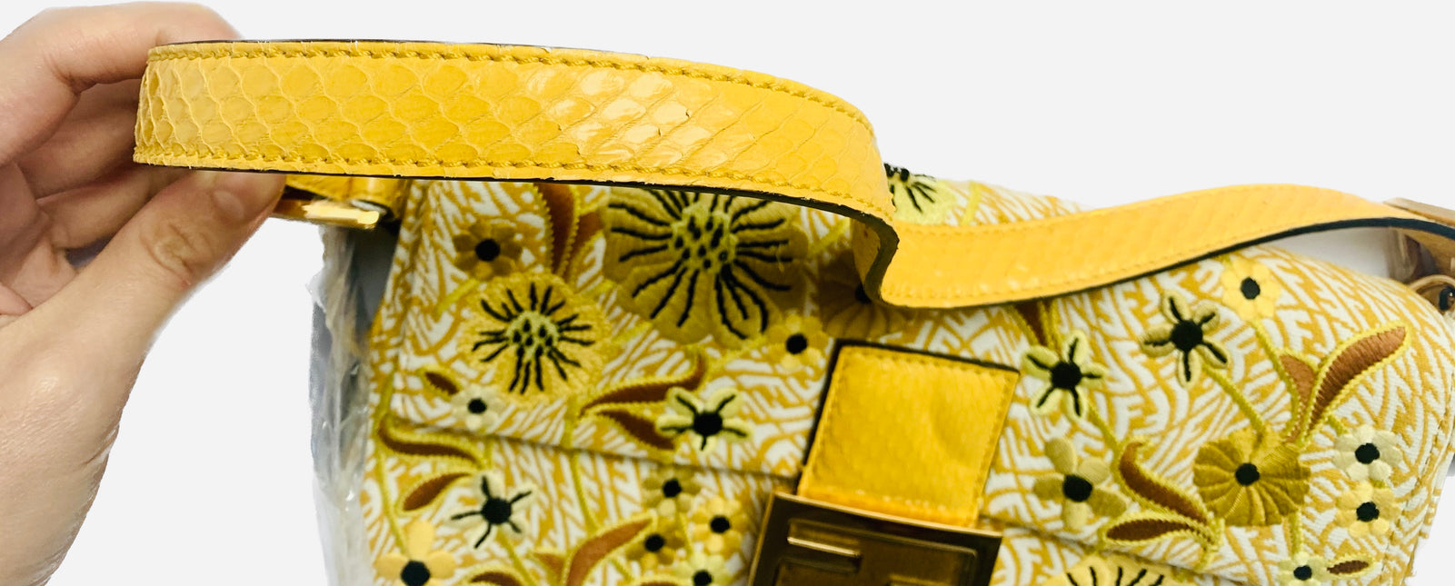 Sold Fendi Baguette 1997 in Yellow FF vertigo Jacquard with embroidery