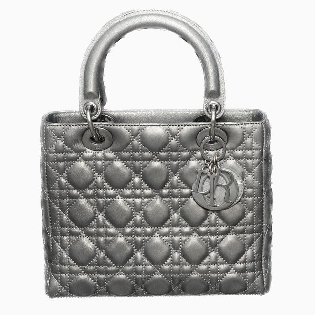 Sold Lady Dior Medium Calfskin Leather Gunmetal Silver Grey