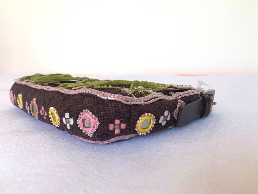Sold Fendi Baguette Vintage Brown Canvas/cotton with embroidery sequins mirrors and tassels