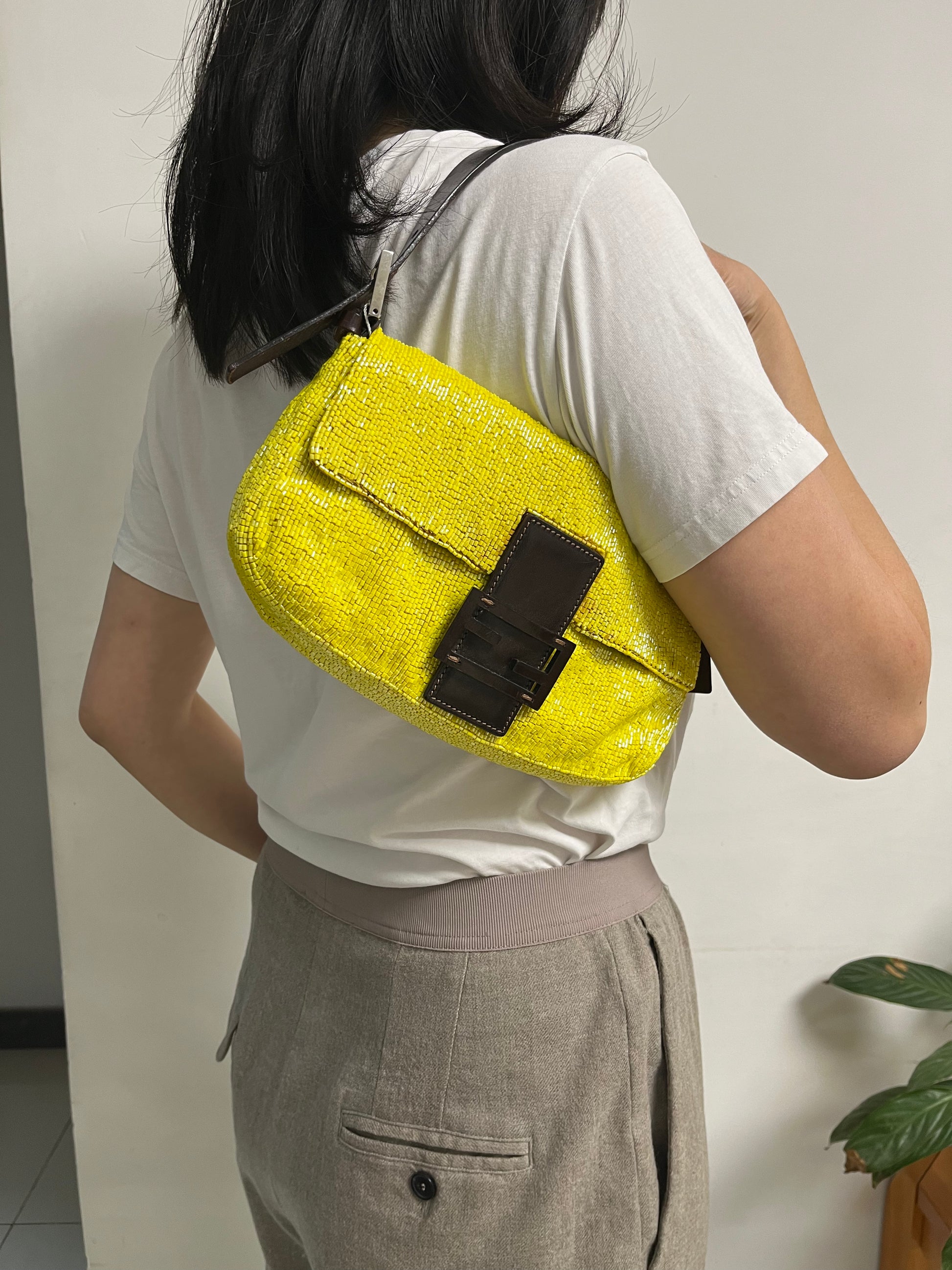 Fendi Baguette Lemon Yellow Glitter Beads Shoulder Bag Luxbags