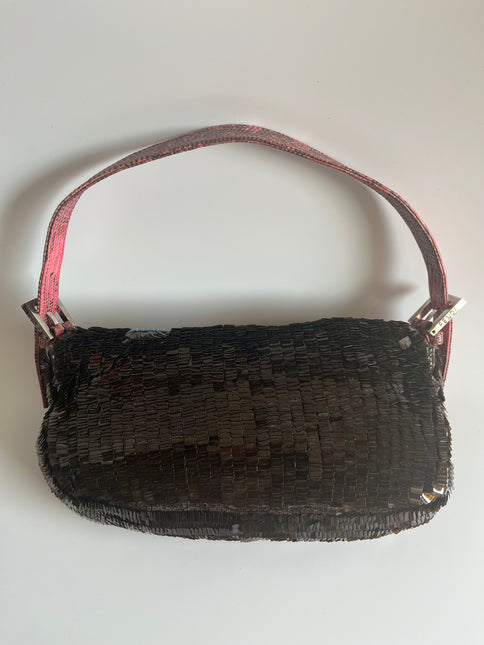 Fendi Baguette Brown Sequins with Blue Beads & Pink Lizzard Skin Strap back