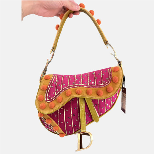 Limited Edition John Galliano era Dior Saddle bag with pompom and bead-Luxbags
