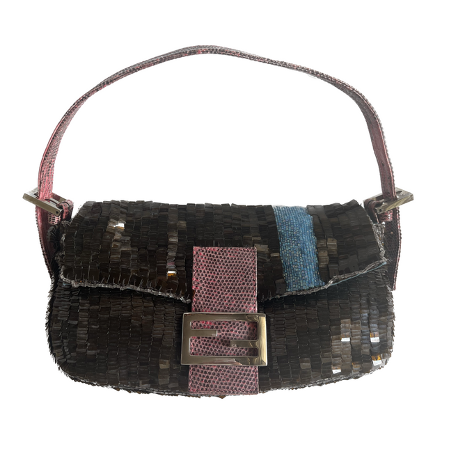 Sold Fendi Baguette Brown Sequins with blue beads & pink lizard skin strap