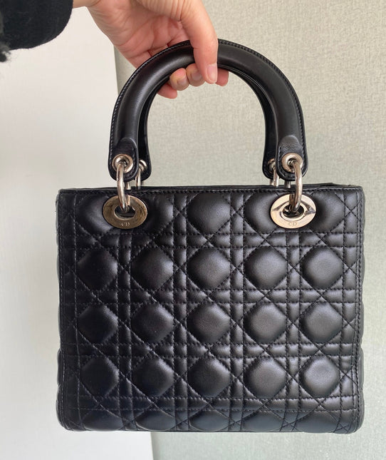 Sold Lady Dior Black Medium Cannage Lambskin leather handbag