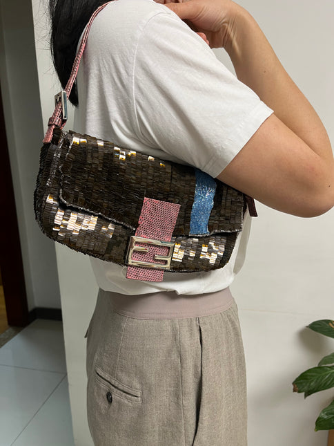 Fendi Baguette Brown Sequins with Blue Beads & Pink Lizzard Skin Strap model