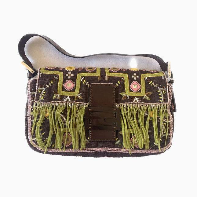 Sold Fendi Baguette Vintage Brown Canvas/cotton with embroidery sequins mirrors and tassels