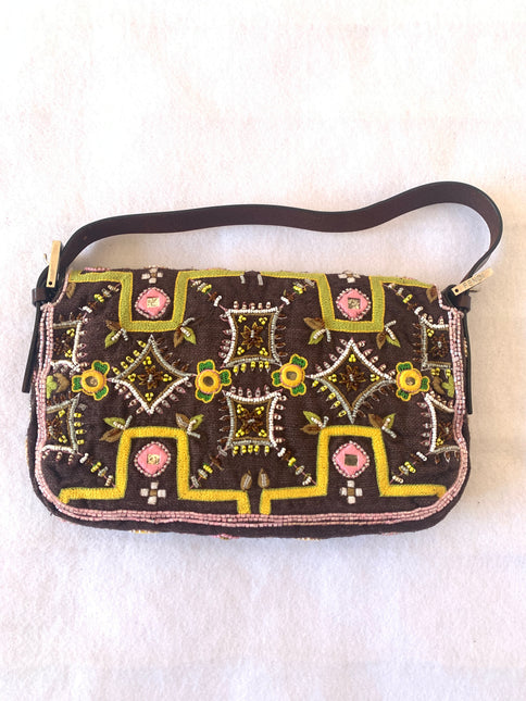 Sold Fendi Baguette Vintage Brown Canvas/cotton with embroidery sequins mirrors and tassels
