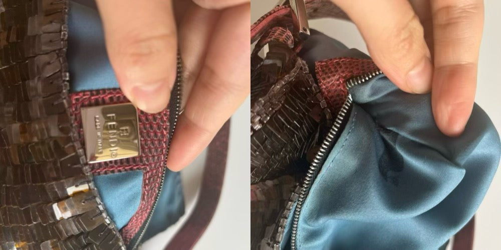 Fendi Baguette Brown Sequins with Blue Beads & Pink Lizzard Skin Strap brand label