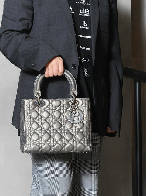 Sold Lady Dior Medium Calfskin Leather Gunmetal Silver Grey