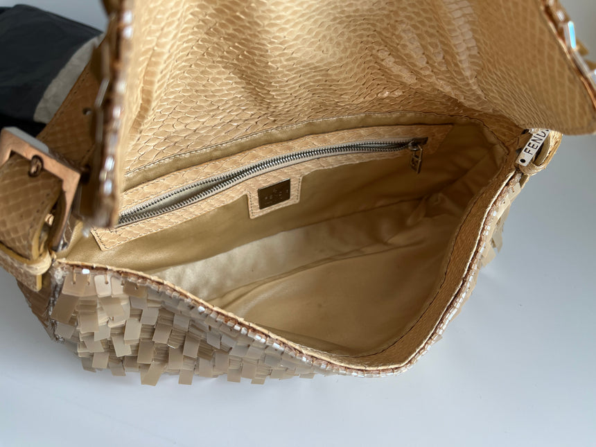 Sold Fendi Baguette in Gold sequins and python leather