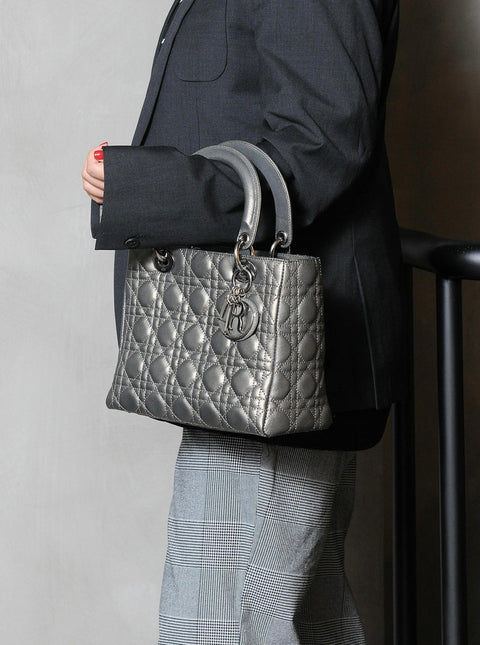 Sold Lady Dior Medium Calfskin Leather Gunmetal Silver Grey