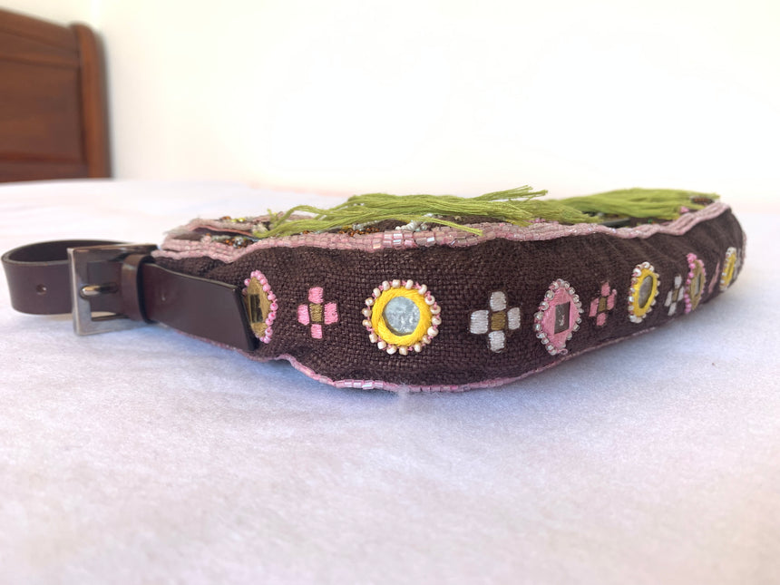 Sold Fendi Baguette Vintage Brown Canvas/cotton with embroidery sequins mirrors and tassels