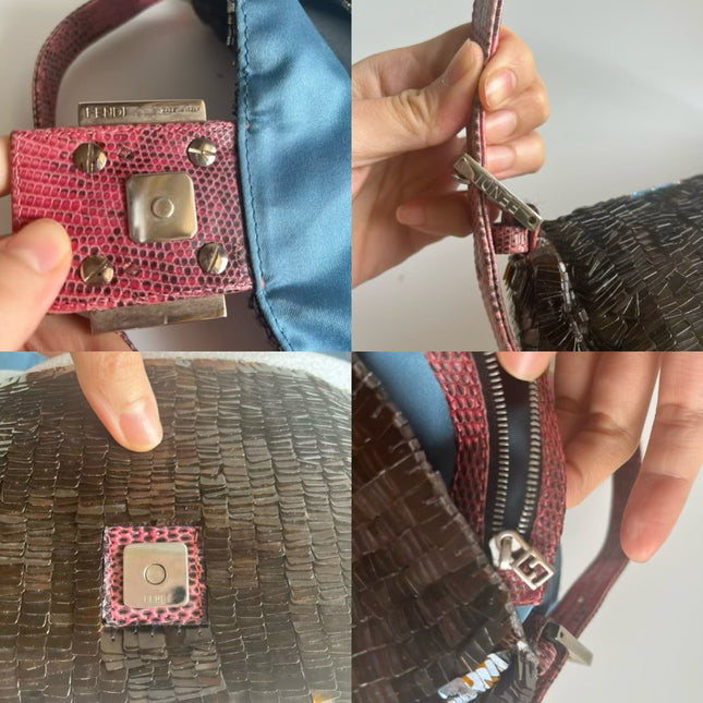 Fendi Baguette Brown Sequins with Blue Beads & Pink Lizzard Skin Strap